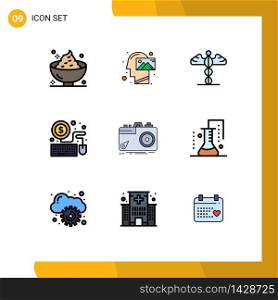 Universal Icon Symbols Group of 9 Modern Filledline Flat Colors of camera, laptop, thinking, mouse, healthcare Editable Vector Design Elements