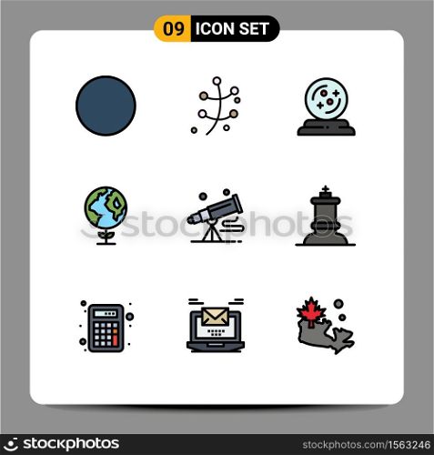 Universal Icon Symbols Group of 9 Modern Filledline Flat Colors of space, telescope, october, spyglass, globe Editable Vector Design Elements
