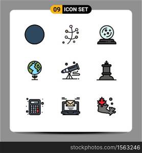 Universal Icon Symbols Group of 9 Modern Filledline Flat Colors of space, telescope, october, spyglass, globe Editable Vector Design Elements