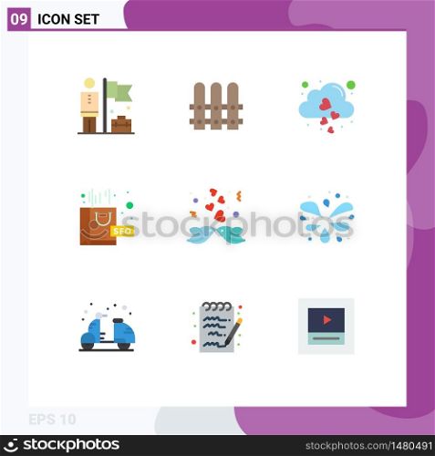Universal Icon Symbols Group of 9 Modern Flat Colors of heart, birds, heart, seo package, package Editable Vector Design Elements