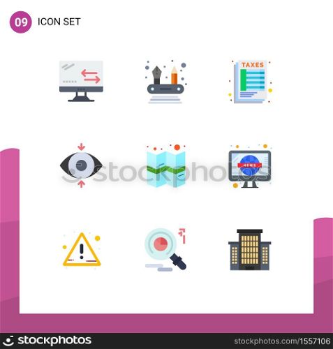 Universal Icon Symbols Group of 9 Modern Flat Colors of news, location, sheet, gps, focus Editable Vector Design Elements