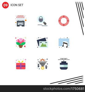 Universal Icon Symbols Group of 9 Modern Flat Colors of photos, roses, insurance, romantic, flower Editable Vector Design Elements