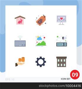 Universal Icon Symbols Group of 9 Modern Flat Colors of sun, countryside, love, type, keyboard Editable Vector Design Elements