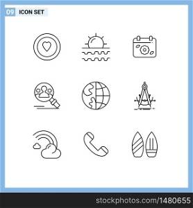 Universal Icon Symbols Group of 9 Modern Outlines of contact, user, calendar, search, find Editable Vector Design Elements