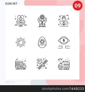 Universal Icon Symbols Group of 9 Modern Outlines of decoration, sun, auto, nature, energy Editable Vector Design Elements