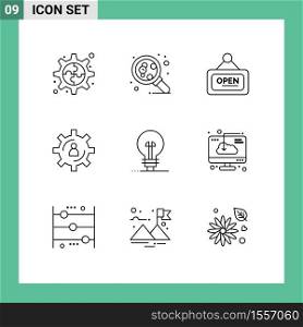 Universal Icon Symbols Group of 9 Modern Outlines of definnig, productivity, board, production, gear Editable Vector Design Elements
