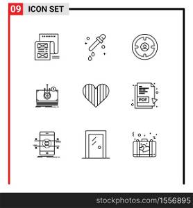 Universal Icon Symbols Group of 9 Modern Outlines of heart, medical, business, dollar, hunter Editable Vector Design Elements