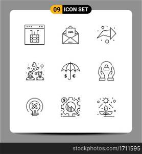 Universal Icon Symbols Group of 9 Modern Outlines of insurance, wedding, letter, love, direction Editable Vector Design Elements