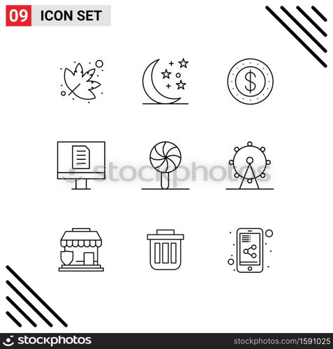 Universal Icon Symbols Group of 9 Modern Outlines of leisure, lollipop, cash, holiday, christmas Editable Vector Design Elements