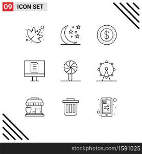 Universal Icon Symbols Group of 9 Modern Outlines of leisure, lollipop, cash, holiday, christmas Editable Vector Design Elements