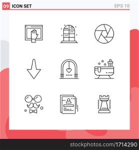 Universal Icon Symbols Group of 9 Modern Outlines of marriage, celebration, aperture, arch, arrow Editable Vector Design Elements