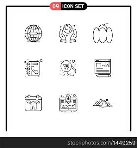 Universal Icon Symbols Group of 9 Modern Outlines of offer, mail, food, phone book, directory Editable Vector Design Elements