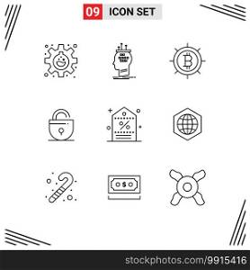 Universal Icon Symbols Group of 9 Modern Outlines of promotion, discount, thinking, internet, locked Editable Vector Design Elements