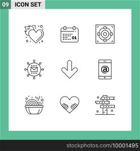 Universal Icon Symbols Group of 9 Modern Outlines of promotion, media, day, mail, goal Editable Vector Design Elements