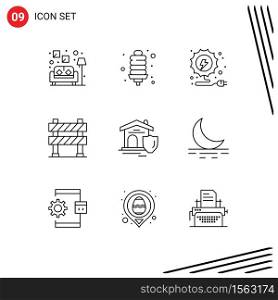 Universal Icon Symbols Group of 9 Modern Outlines of real, shield, energy, under construction, construction barrier Editable Vector Design Elements