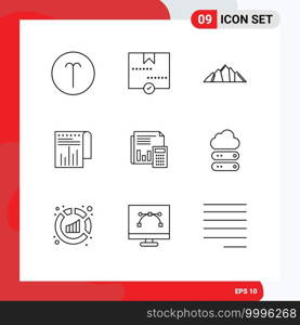 Universal Icon Symbols Group of 9 Modern Outlines of report, financial, parcel, business, mountain Editable Vector Design Elements