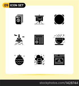 Universal Icon Symbols Group of 9 Modern Solid Glyphs of basic, space, planning, rocket, crypto Editable Vector Design Elements