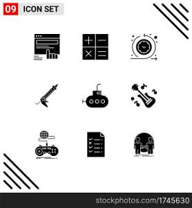 Universal Icon Symbols Group of 9 Modern Solid Glyphs of bathyscaph, construction, cycle time, repair, sealant Editable Vector Design Elements