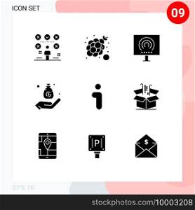 Universal Icon Symbols Group of 9 Modern Solid Glyphs of business, bag, grapes, stream, radio Editable Vector Design Elements