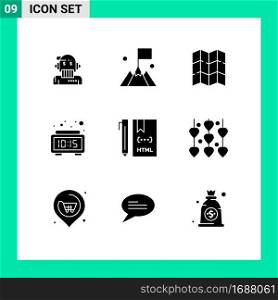Universal Icon Symbols Group of 9 Modern Solid Glyphs of coding, time, user, digital, alarm Editable Vector Design Elements