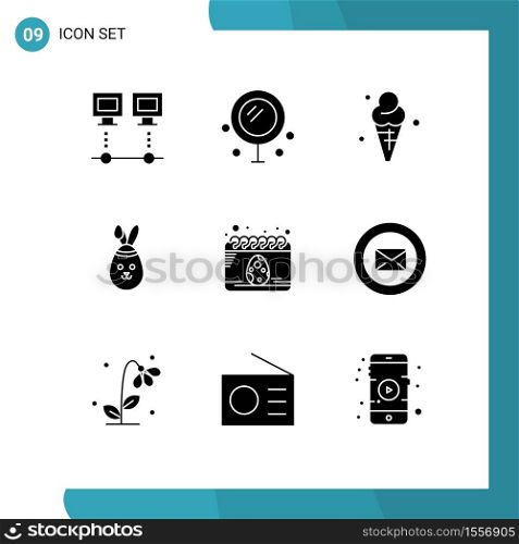 Universal Icon Symbols Group of 9 Modern Solid Glyphs of date, bunny, wedding, easter, ice Editable Vector Design Elements