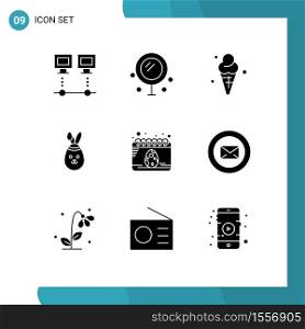 Universal Icon Symbols Group of 9 Modern Solid Glyphs of date, bunny, wedding, easter, ice Editable Vector Design Elements