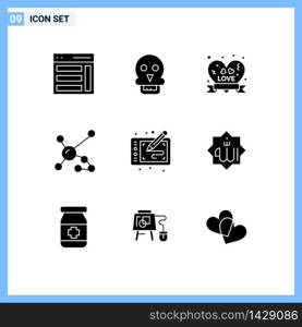 Universal Icon Symbols Group of 9 Modern Solid Glyphs of genetic, biology, man, biochemistry, ribbon badge Editable Vector Design Elements