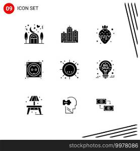 Universal Icon Symbols Group of 9 Modern Solid Glyphs of hardware, cable, office, strawberry fondue, food Editable Vector Design Elements