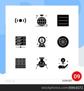 Universal Icon Symbols Group of 9 Modern Solid Glyphs of hr, web, disco, server, hosting Editable Vector Design Elements