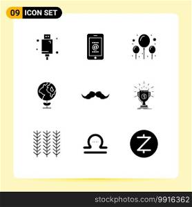 Universal Icon Symbols Group of 9 Modern Solid Glyphs of movember, moustache, phone, globe, eco Editable Vector Design Elements