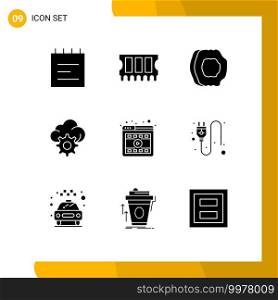 Universal Icon Symbols Group of 9 Modern Solid Glyphs of online, player, food, browser, gear Editable Vector Design Elements