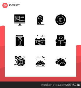 Universal Icon Symbols Group of 9 Modern Solid Glyphs of photography, holiday, hat, halloween, money Editable Vector Design Elements