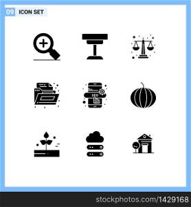 Universal Icon Symbols Group of 9 Modern Solid Glyphs of pumpkin, marketing, balance, office, document Editable Vector Design Elements