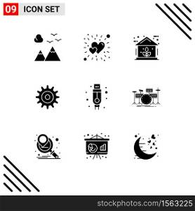 Universal Icon Symbols Group of 9 Modern Solid Glyphs of usb, adapter, energy, wheel, gear Editable Vector Design Elements