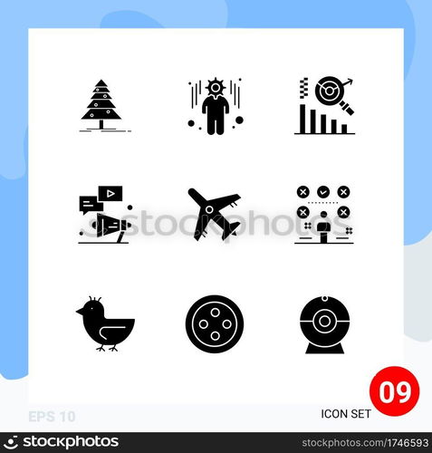 Universal Icon Symbols Group of 9 Modern Solid Glyphs of vacation, airport, graph, marketing, youtube Editable Vector Design Elements