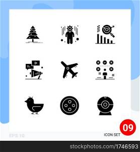 Universal Icon Symbols Group of 9 Modern Solid Glyphs of vacation, airport, graph, marketing, youtube Editable Vector Design Elements