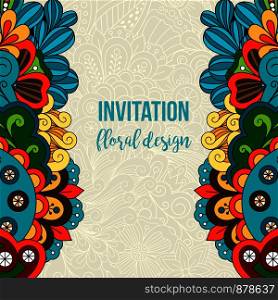Universal invitation floral card with oriental floral doodle ornament. Vector illustration. Universal invitation floral doodle ornament card