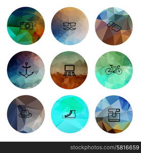 Universal modern icons on polygonal backgrounds. Icons for web and mobile app, business, finance, multimedia, hipster style. low poly illustration