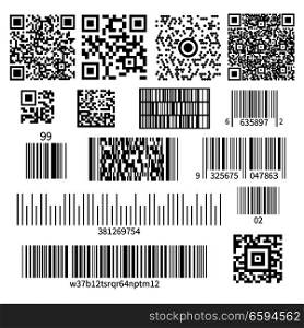 Universal product code barcode types realistic set with two dimensional matrix symbols and numbers system vector illustration . Bar Code Types Set