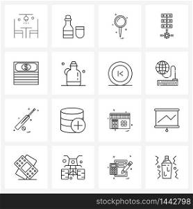 Universal Symbols of 16 Modern Line Icons of bill, money, search, dollar, gear Vector Illustration