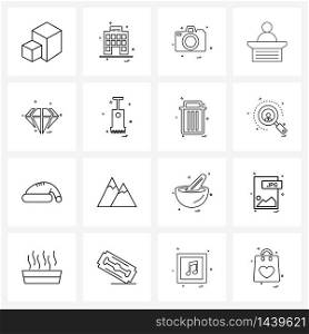 Universal Symbols of 16 Modern Line Icons of diamond, speaker, house, judge, photograph Vector Illustration