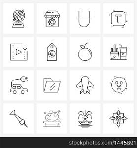 Universal Symbols of 16 Modern Line Icons of play, movies, font, t, alp abates Vector Illustration