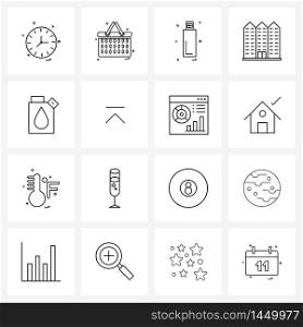 Universal Symbols of 16 Modern Line Icons of radioactivity, fuel, flash drive, atomic, buildings Vector Illustration