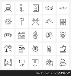 Universal Symbols of 25 Modern Line Icons of fire, gym, media, fitness, game Vector Illustration
