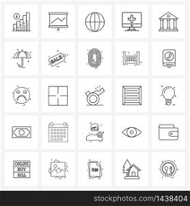 Universal Symbols of 25 Modern Line Icons of real estate, hospital, screen, screen, medical Vector Illustration
