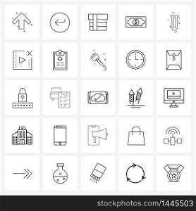 Universal Symbols of 25 Modern Line Icons of science, beaker, gift, money, cash Vector Illustration