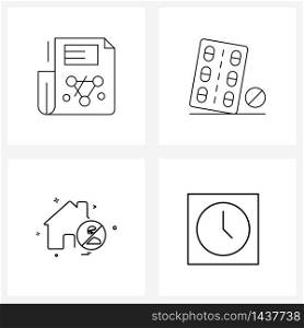 Universal Symbols of 4 Modern Line Icons of analytics, clock, pills, house, Vector Illustration