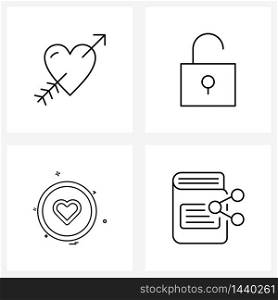 Universal Symbols of 4 Modern Line Icons of arrow, user interface, valentine&rsquo;s day, lock, button Vector Illustration