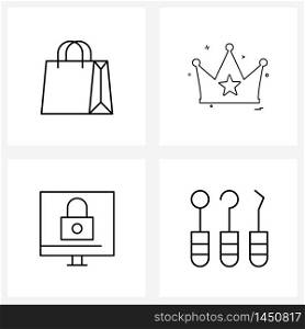 Universal Symbols of 4 Modern Line Icons of bag, desktop, crown, star, secure Vector Illustration