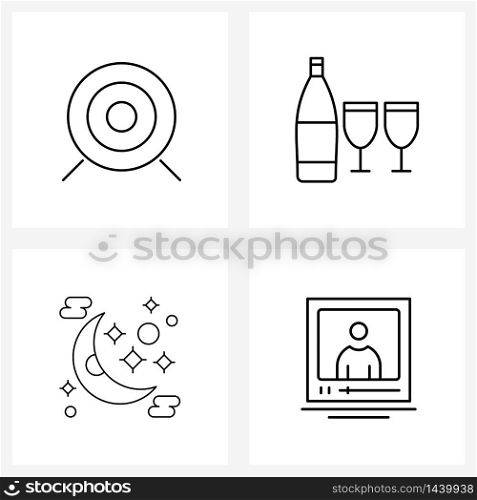Universal Symbols of 4 Modern Line Icons of bulls eye, weather, drink, drinks, video Vector Illustration